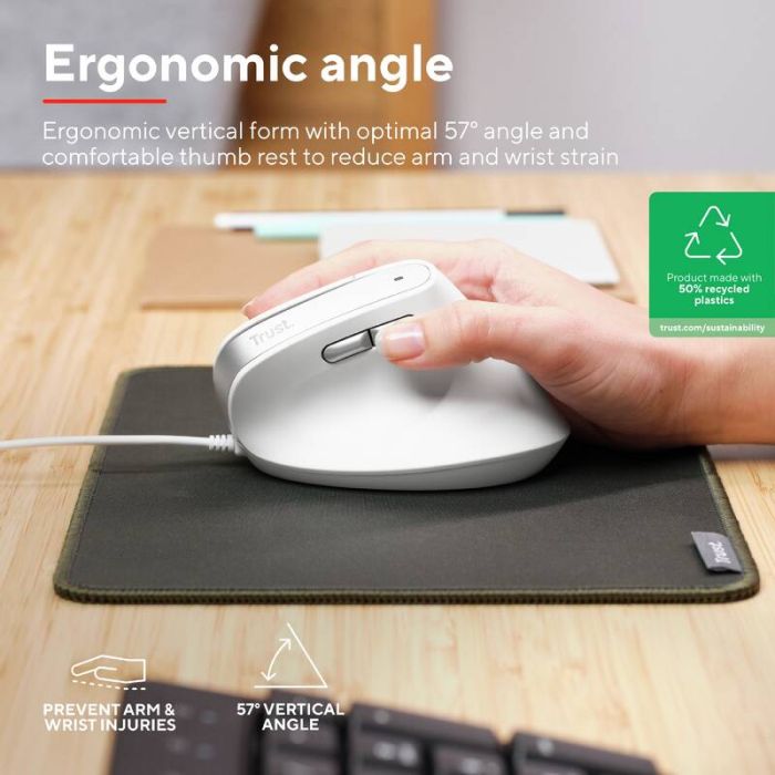 Мышь Trust Bayo 2 Ergonomic, USB-A, біла