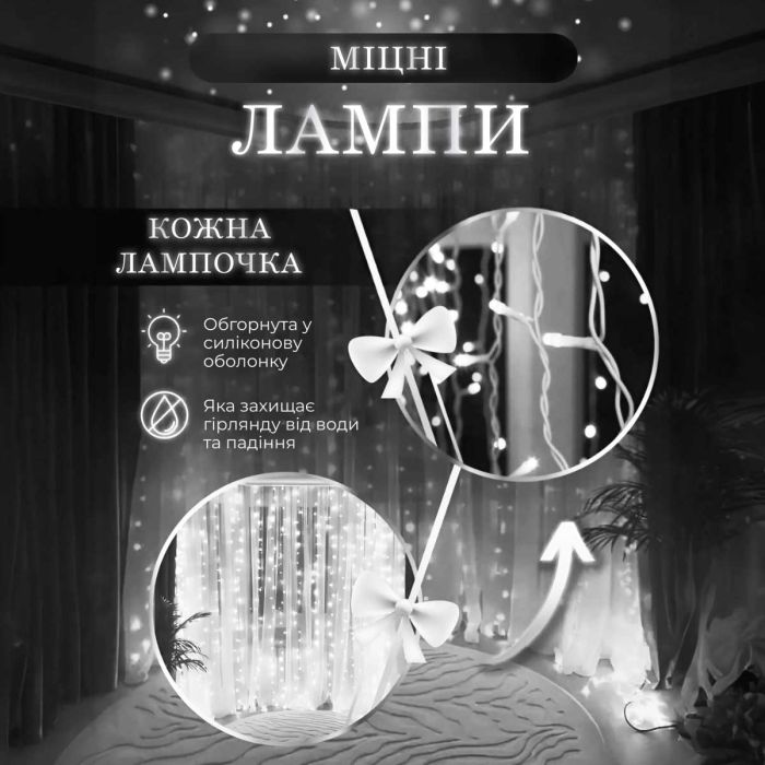 Гірлянда штора 2х2 м 240 LED світлодіодна мідний провід 8 ниток Білий ZWM2240LEDW